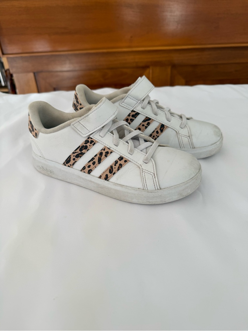 adidas Kids White Sneakers with Leopard-Print Stripes